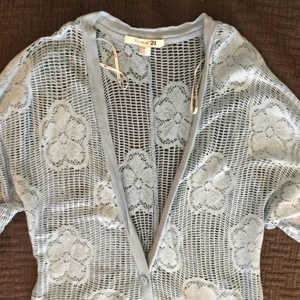 Forever 21 Lace Crochet Shirt Blue Cardigan Short - Picture 1 of 7